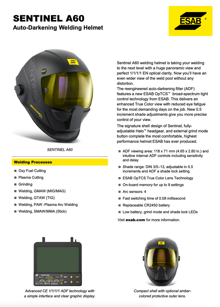 ESAB Sentinel A60 Auto Darkening Welding Helmet Spec Sheet